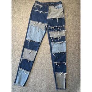 Jazz Denim Jeans Womens XL Blue Patchwork Stretch Distressed Streetwear Raw Hem